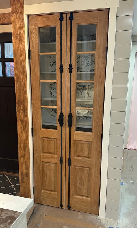 Door For Bar, Simple Pantry Door, By Pass Pantry Doors, Hidden Pantry Door Farmhouse, Building A Pantry In Kitchen Door, Raised Panel Pantry Door, Arched Pantry Door Farmhouse, Modern Pantry Double Doors, Farm Door For Pantry