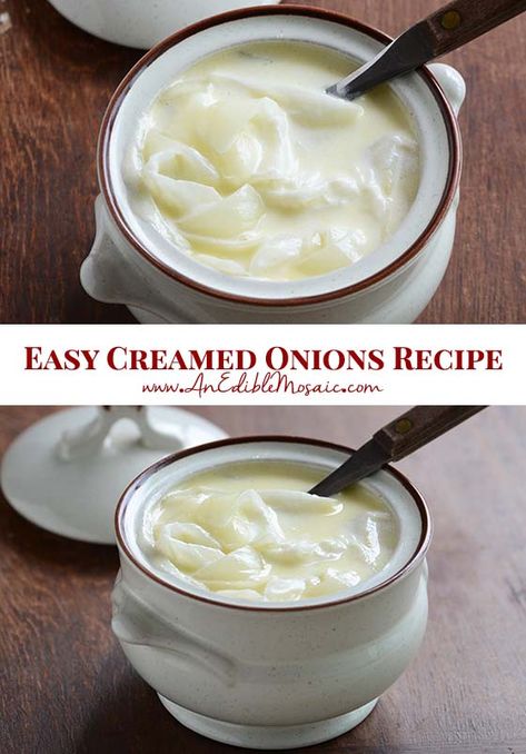 Easy Creamed Onions Recipe Pin Parmesan Creamed Onions, Creamed Onions Recipe, Creamed Pearl Onions Recipe, Pearl Onion Recipe, White Cream Sauce, Skillet Pork Chops, Creamed Onions, Tomatoes Recipe, Special Occasion Food