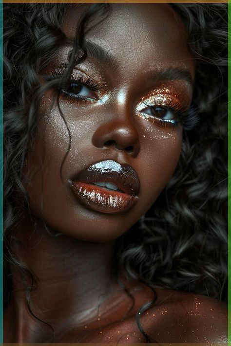 Gold Makeup Dark Skin, Sunrise Makeup Looks, Orange Wedding Makeup, Golden Skin Aesthetic, Burlesque Moodboard, Haus Makeup, Moon Inspired Makeup, Celestial Photoshoot, Golden Eyeliner