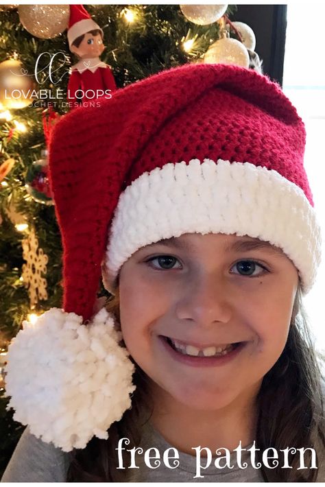 Free Santa Hat Crochet Pattern. #santahat #santahatpattern #crochetsantahat #freecrochetpattern #crochethat #crochet #lovableloops Crochet Santa Hat Free Pattern, Santa Hat Crochet Pattern, Crochet Santa Hat Pattern, Santa Hat Crochet, Santa Hat Pattern, Crochet Santa Hat, Crochet Christmas Hats, Easy Crochet Hat, Hat Crochet Pattern