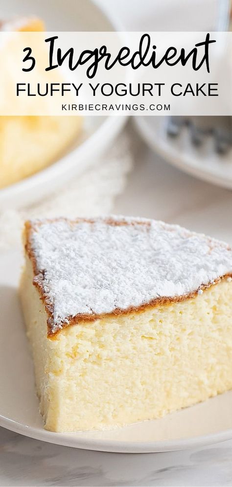 This 3 Ingredient Fluffy Yogurt Cake is incredibly light, fluffy and soft. It is just 3 ingredients and doesn’t require any flour, butter or oil. It’s a perfect dessert when you want to make a unique cake for family or friends. I’m excited with how this yogurt cake came out. The texture and appearance are very much like Japanese cotton cheesecake. However, the cake is made with yogurt instead of cream cheese. The cake is so soft and light. Fluffy Yogurt Cake, Resep Vegan, Japanese Cotton Cheesecake, Cotton Cheesecake, Yogurt Dessert, Yoghurt Cake, Greek Yogurt Recipes, Dessert Aux Fruits, Yogurt Cake