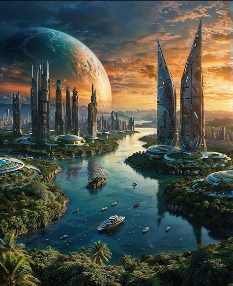 Sci Fi Fantasy City, Futuristic Atlantis, Mythical Architecture, Nature And Technology, Sci Fi Landscape, Fantasy World Map, Sci Fi City, Light And Darkness, Fantasy City