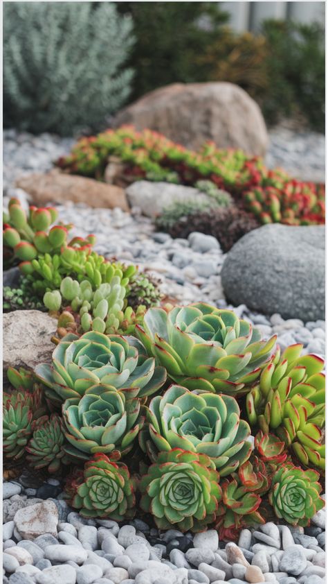 Cold hardy succulents thriving in a winter rock garden. Succulent Garden Design Outdoors, Succulent Garden Bed, Cold Hardy Succulents, Xeriscape Plants, Succulent Rock Garden, Hardy Succulents, Survive Winter, Flowering Succulents, Succulent Garden Design