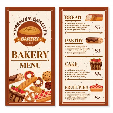 Bakery menu design Free Vector | Free Vector #Freepik #freevector #background #brochure #frame #food Bakery Reference, Bakery Menu Design, Menu Card Design, Menu Card Template, Abstract Rose, Bakery Menu, Menu Design Template, Restaurant Menu Template, Draw Ideas