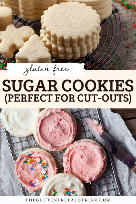 These gluten-free sugar cookies are simple to make and incredibly delicious! Follow this easy recipe for perfect gluten-free cut-out cookies that hold their shape and are ready to be decorated for any occasion. No chill time required, making this gluten-free cookie dough a breeze to work with. Ideal for holidays, birthdays, or any celebration How To Go Gluten Free Tips, Gluten Free Sugar Cut Out Cookies, Gf Df Sugar Cookies, Best Gluten Free Sugar Cookie Recipe, Gluten Free Sugar Cookies Almond Flour, Gluten Free Pastries Recipes, Easy Gluten Free Sugar Cookies, Gluten Free Keto Cookies, Gluten Free Flour Cookies