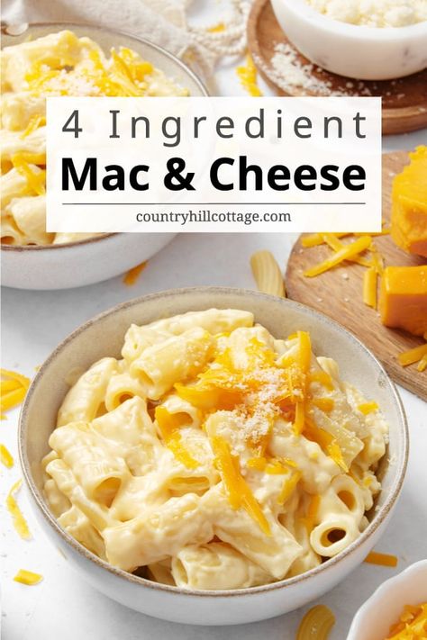 Looking for an easy 4 ingredient mac and cheese recipe? Learn how to make a super simple one-pot mac and cheese recipe with just 4 ingredients (like elbow pasta, cheddar, parmesan, and milk) and ready in 20 minutes. Ooey gooey and full of cheese, it’s the perfect weeknight meal! It’s a great holiday side dish to make a head and includes a 3-ingredient version. The recipe has the simplicity of the blue box but the taste of homemade. It’s made without flour and roux. | CountryHillCottage.com Pasta With Milk, Elbow Pasta Recipes, Quick Mac And Cheese, Easy Mac N Cheese Recipe, Cheesy Pasta Recipes, Easy Mac N Cheese, Cheesy Mac And Cheese, Boxed Mac And Cheese, Easy Mac And Cheese