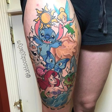 Disney Thigh Tattoo, Disney Characters Tattoos, Disney Inspired Tattoos, Disney Sleeve Tattoos, Unique Half Sleeve Tattoos, Tattoo Disney, Disney Sleeve, Christian Sleeve Tattoo, Stitch Tattoo