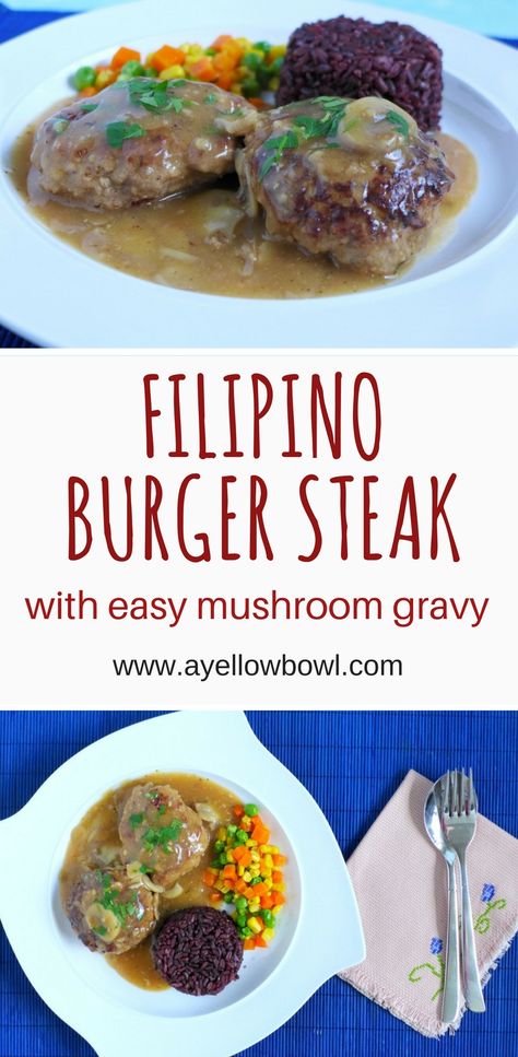 Make this beloved Filipino burger steak with an easy mushroom gravy. This recipe rivals the famous Jollibee burger steak. Serve with lots of rice and some buttered vegetables. #filipinorecipe #burgersteak Jollibee Burger Steak, Burger Steak Recipe, Beef Burger Patty Recipe, Jollibee Burger, Easy Mushroom Gravy, Best Hamburger Patty Recipe, Burger Patty Recipe, Mushroom Burger Recipe, Beef Burgers Patties