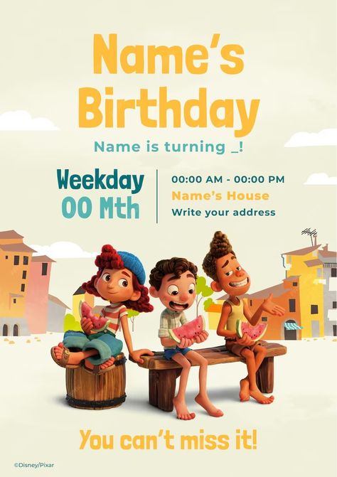 Luca Birthday Invitation | Premium Disney template Luca Birthday, Disney And Pixar, Logo Psd, Birthday Name, Free Business Card Mockup, Business Card Maker, Flyer Maker, Card Banner, Poster Invitation