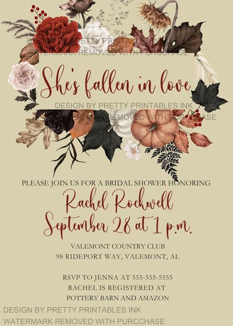 Fall bridal shower invitation with neutral beige background and gothic and vintage darker floral artwork. The top of the invitation says she's fallen in love followed by customized bridal shower details underneath.ets Autumn Bridal Shower, Halloween Bridal Showers, Fall In Love Bridal Shower, Bridal Shower Bachelorette Party Ideas, Fall Bridal Shower Invites, Bridal Shower Menu, Autumn Bridal, Boho Halloween, Bridal Shower Planning