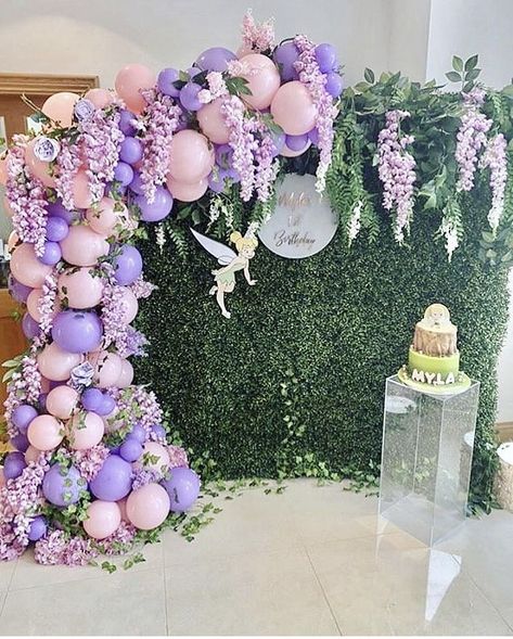 Fairy Garden Balloon Ideas, Balloon Arch On Wood Backdrop, Fairy Themed Balloons, Enchanted Forest Theme Balloons, Fairy Theme Birthday Decoration, Enchanted Balloon Garland, Enchanted Balloon Arch, Enchanted 1st Birthday Party, Fairy Birthday Backdrop Ideas