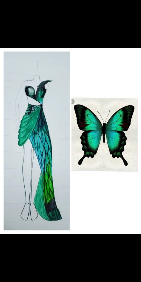 Natural Motifs Design Drawing, Butterfly Dress Drawing Fashion Illustrations, Butterfly Inspired Fashion Design, Nature Fashion Illustration, Nature Inspired Fashion Illustration, Butterfly Fashion Illustration, Nature Inspired Dress Illustration, Natural Motifs Drawing, Fashion Illustration Sketches Dresses Design Inspirational