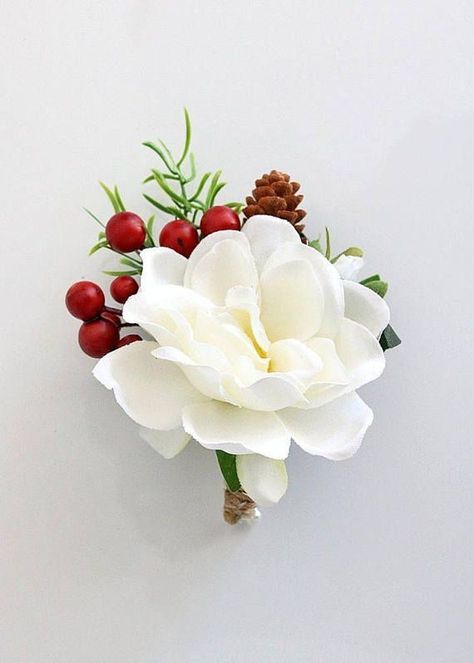 Winter Wedding Groomsmen, Christmas Corsage, Small Flower Arrangements, Bridesmaid Ideas, White Gardenia, Winter Wedding Flowers, Prom Flowers, Silk Flowers Wedding, Flower Corsage