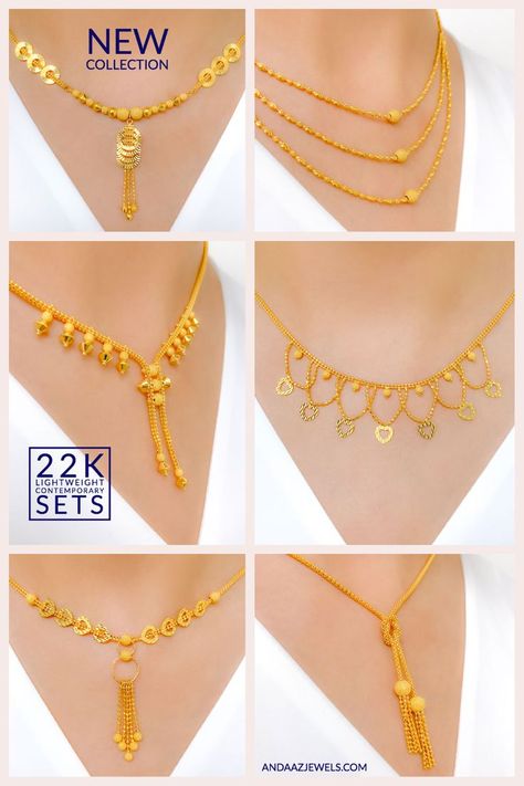 Lightweight + Modern! New 22k Gold Necklace + Earring Sets for every occasion! 22k Gold Necklace Set, Gold Necklace Sets, Single Diamond Ring, Ruby Jewelry Necklaces, Dubai Gold Jewelry, 22k Gold Necklace, Gold Necklace Indian, Modern Gold Jewelry, Gold Jewelry Simple Necklace