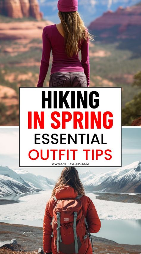 What to wear for spring hikes in March, April, and May? Save our guide for essential outfit and packing tips, plus weather advice to make your outdoor adventures enjoyable and safe! Hiking 50 Degrees Outfit, Hiking Outfit Women Spring, Hiking Spring Outfit, Utah Hiking Outfit Spring, Colorado In April Outfits, Woman Hiking Outfits, Colorado Springs Outfits, Spring Hiking Outfit Woman, What To Wear Hiking Spring