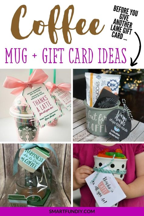 Coffee Mug and Gift Card Ideas ... instead of giving a gift card alone, put the gift card in a mug. Customize the gift with a free coffee or tea themed printable gift tag or gift label. Try one of these ideas using a hot coffee mug or cold coffee tumbler with a gift card from your favorite coffee shop. Make your gift card gift more special and memorable with one of these DIY gift ideas. Coffee Gift Card Ideas, Unique Gift Card Presentation, Teacher Coffee Gifts, Gift Card Basket, Gift Card Ideas, Teacher Appreciation Gift Card, Coffee Gift Card, Gift Card Presentation, Graduation Money Gifts