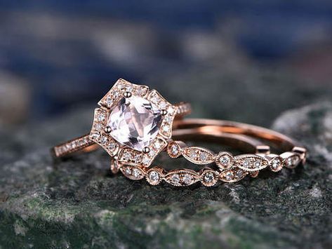 Morganite engagement ring-Solid 14k Rose gold ring-Diamond Ring-7mm Cushion gemstone promise ring-3pcs Bridal Ring set-Marquise wedding band Engagement Rings Color, Unique Vintage Engagement Rings, Morganite Engagement Ring Halo, Vintage Anniversary Rings, Pink Morganite Ring, Rose Gold Promise Ring, Double Halo Engagement Ring, Double Halo Engagement, Beautiful Engagement Ring