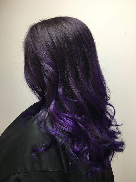 Dark Brown To Purple Ombre, Dark Hair Purple Underneath, Black And Purple Hair Extensions, Hair Color Ideas For Brunettes With Purple Highlights, Purple Ombre Hair With Money Piece, Black Hair And Purple Highlights, Purple Melt Hair, Dark Purple On Black Hair, Black Hair With Dark Purple Underneath