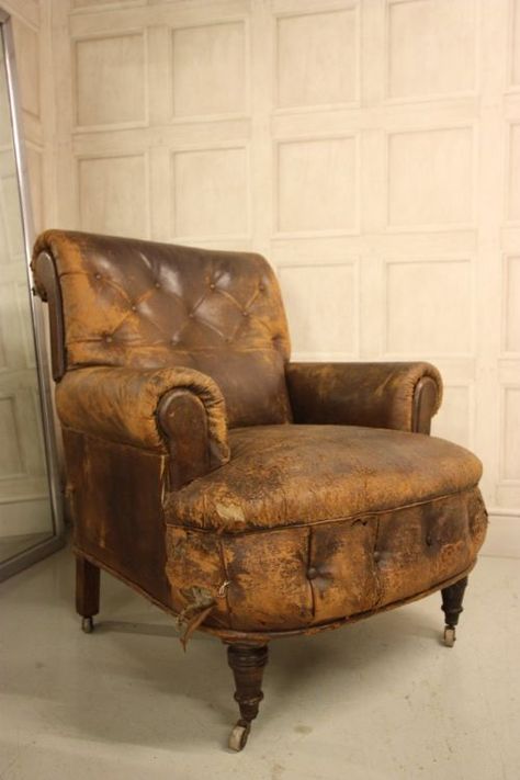 19th Century Antique Leather Armchair Cozy Arm Chair, Vintage Office Chair, Brown Leather Chairs, Leather Wingback, Miniature Chair, Comfortable Armchair, Leather Chairs, Old Chairs, Arm Chair Covers