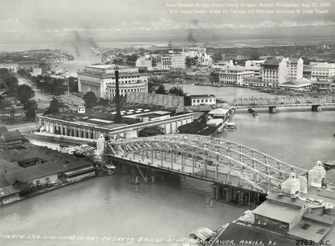 New Quezon Bridge almost ready to open, Manila, Philippines, Aug. 10, 1940 Manila Post Office, Pasig River, Post Office Building, New Manila, Philippines Manila, Ancient Greek Architecture, Air Forces, Grand Mosque, Almost Ready