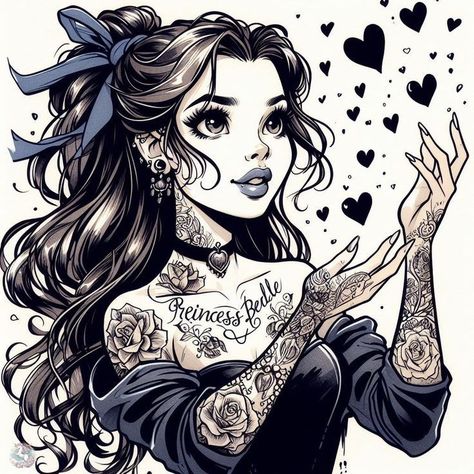 Tim Shumate Illustrations, Gothic Disney Princesses, Romantic Disney, Dark Disney Tattoo, Dark Disney Princess, Dark Disney Art, Goth Disney Princesses, Goth Disney, Punk Disney Princesses