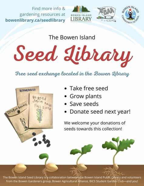 Seed Library | Bowen Island Public Library Passive Library Programs For Adults, Public Library Programs For Adults, Library Programs For Adults, Passive Programming Library, Public Library Programs, Seed Swap, Passive Programming, Seed Library, Gail Gibbons