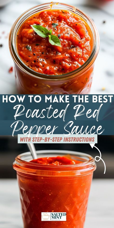 Enjoy this versatile roasted red pepper sauce for an easy pasta dish or as a tasty sauce for grilled chicken and vegetables. Perfect for summer recipes and appetizers. Spicy Pepper Sauce, Roasted Tomato And Pepper Sauce, Easy Roasted Red Pepper Sauce, Dairy Free Roasted Red Pepper Sauce, Roasted Red Pepper Sauce For Fish, Roasted Red Pepper Sauce Recipe, Red Pepper Sauce Recipe, Sauce For Grilled Chicken, Roasted Pepper Sauce