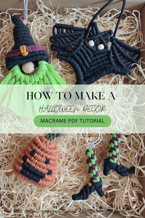 Macrame Ghosts Diy, Macrame Witch Hat, Macrame Bats Diy, Macrame Pumpkin Diy, Halloween Macrame Patterns, Fall Macrame Ideas Diy, Halloween Macrame Diy, Macrame Halloween Decor, Halloween Macrame Ideas