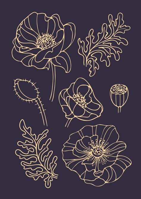 Set of vintage golden set of graceful poppy bud in hand drawn style. Art nouveau, modern. Spring flowers. For stickers, posters, postcards, design elements Poppy Linocut, Moms Tattoo, Art Nouveau Poppy, Batik Flower, Art Nouveau Modern, Postcards Design, Art Nouveau Necklaces, Art Nouveau Pattern, For Stickers