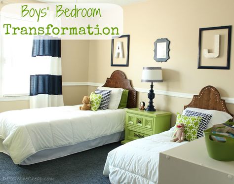 Boys' Bedroom Transformation- Love everything about this room. Especially the green furniture and custom headboards Diy Toddler Bed, Headboard Tutorial, Nailhead Headboard, Boys Shared Bedroom, Boys Bedroom Makeover, Two Twin Beds, Kids Rooms Diy, Twin Beds, Diy Headboard