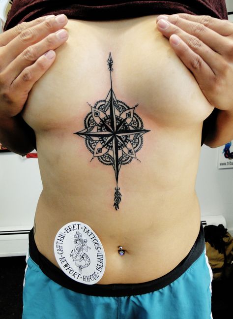 #compass #compassrose #mandela #arrow #mehndi #tattoos #TattoosByCaptainBret  #NewportRI #Newport #Providence #ProvidenceRI #RI #TattooShop #TattooStudio Compass Tattoo Sternum, Compass Sternum Tattoo, Compass Chest Tattoo, Under Breast Tattoo Ideas, Moth Sternum Tattoo, Under Breast Tattoo, Mehndi Tattoos, Mommy Tattoos, Celtic Tattoo