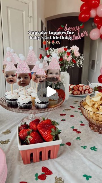 𝐊 𝐀 𝐓 𝐘 on Instagram: "My absolute favorite part of my baby’s birthday decor 🥹🍓✨  • • #firstbirthday #firstbirthdayparty #firstbirthdayideas #firstbirthdaydecor #firstbirthdaytheme #berry1stbirthday #berryfirstbirthday #sahm #firsttimemom #momsofinstagram #momsofig #sahmomlife #birthdaydecor #birthdaydecoration #cupcaketoppers #birthdaydiy #birthdaycrafts" 1st Birthday Food Ideas, Berry Birthday, Berry Cupcakes, Twins 1st Birthdays, Birthday Crafts, April 1st, Birthday Diy, Birthday Decor, Cupcake Muffins