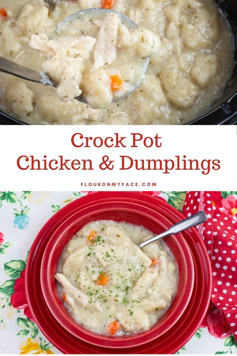 Easy Crock Pot Chicken and Dumplings Recipe made with canned biscuits that mades the richest and creamiest southern chicken and dumplings you have ever tasted. Chicken And Dumplings Crock Pot, Crock Pot Chicken And Dumplings, Crockpot Chicken And Dumplings, Chicken Dumplings, Easy Crockpot Chicken, Crock Pot Chicken, Dumplings Recipe, Dumpling Recipe, Mouthwatering Recipes