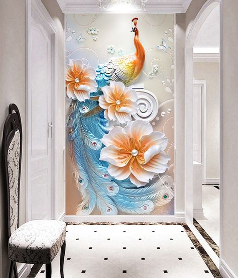 3D Peacock 89 Wall Murals | AJ Wallpaper Peacock Mural, Drywall Art, Mural Art Design, Colorful Room Decor, Flower Painting On Canvas, Aj Wallpaper, Peacock Wall Art, Peacock Painting, Wall Painting Decor