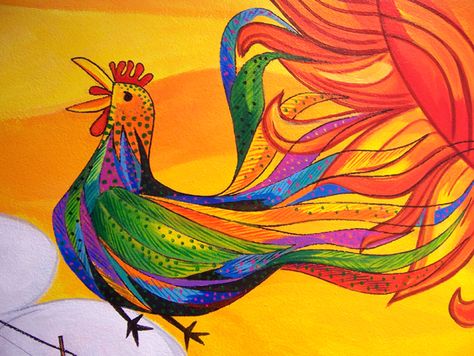 The Polychromatic evolution of the Tropical Rooster! | Jorge Luis ... Polychromatic Colour Scheme, Polychromatic Painting, Sunny Sky, The Rooster, Hand Embroidery Design Patterns, Hand Embroidery Design, Mural Painting, Colour Scheme, The Rainbow