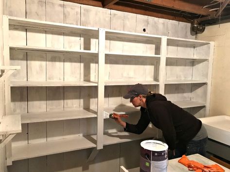 The Root Cellar - A Work in Progress - One Hundred Dollars a Month Painting Shelves, Metal Bins, Basement Painting, Canning Supplies, Cement Walls, Root Cellar, Basement Storage, Colonial Style Homes, Shelf Liners