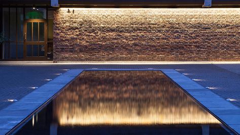 Nulty - Baylis Old School, London - Reflection Pool Brickwork Illumination Listed Buildings Conversion Nobu Atlanta, Classic Facade Lighting, Linear Exterior Lighting, Facade Lighting Design, Villa Lighting, Facade Linear Lighting, Modern Exterior Lights Linear, Reflection Pool, Reflection Pool Architecture