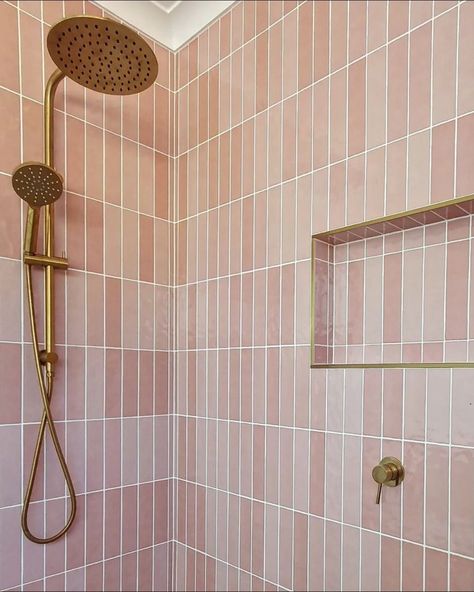 This feature wall stars our Clay range, which is inspired by traditional Zellige style but with a fresh twist! Coming in 48 varying faces,… | Instagram Wc Jongkok, Pink Tile Bathroom, Bedroom Tile, Makeover Kamar Mandi, Pink Gloss, Subway Tiles Bathroom, Pink Showers, Beaumont Tiles, Cottage Bathroom