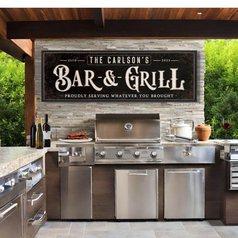 ★ For use under a covered patio or awning, not direct weather elements. ★ Bar & Grill Sign - Back Patio Bar Decor - Home Bar Wall - Grilling Name Signs Thank you for visiting Crown & Oak Design Co. ➤ Click here for all products https://www.etsy.com/shop/CrownAndOakDesignCo ➤ How To Order: Please select size, product type and add personalization (if required) in the text box above. ★ Note: Any customization beyond what is required specific to the design is subject to an additional design fee. Thi Rustic Backyard Patio, Patio Wall Decor Outdoor, Wall Decor Outdoor, Patio Wall Decor, Grill Sign, Outdoor Grill Station, Patio Plans, Rustic Backyard, Outdoor Kitchen Bars