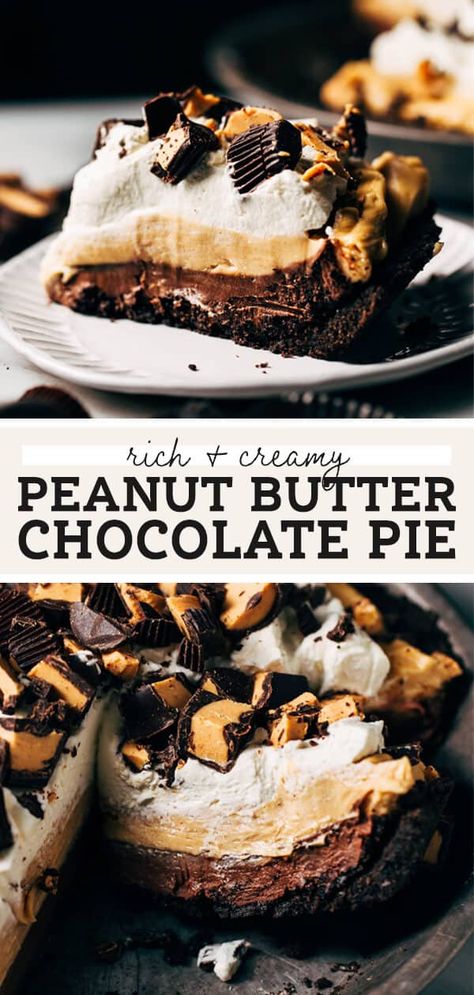 This chocolate peanut butter pie has layers of silky chocolate pudding, light peanut butter mousse, and fluffy whipped cream on top. The textures are so dreamy and yet the pie isn't overly rich. The flavors are perfectly balanced to bring out the best of each layer. #chocolatepeanutbutter #peanutbutterchocolate #peanutbutterpie #pie #chocolatepeanutbutterpie #butternutbakery | butternutbakeryblog.com Peanut Butter Pie Recipe, Butter Pie Recipe, Homemade Chocolate Pudding, Peanut Butter Mousse, Chocolate Peanut Butter Pie, Oreo Crust, Peanut Butter Desserts, Lost 100 Pounds, Peanut Butter Pie