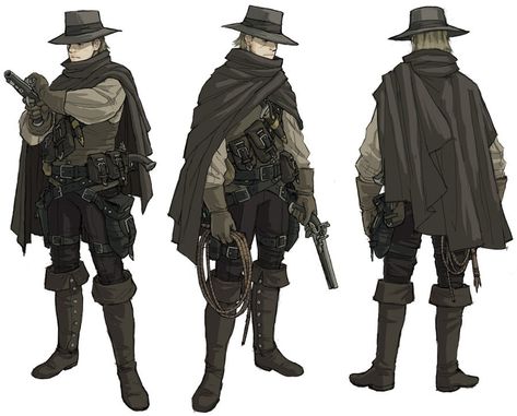 Cowboy Vampire Hunter, Western Outfit Design, Bounty Hunter Outfit Design, Wild West Era Fashion, Wild West Reference, Wild West Vampire, Vampire Hunter Outfit Male, Western Bounty Hunter Character Design, Bounty Hunter Outfit Male