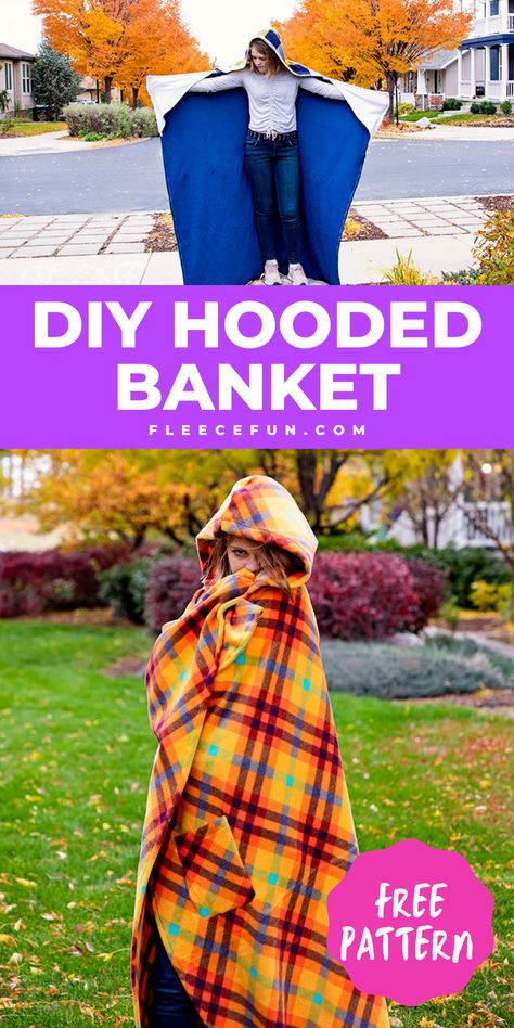 Diy Hooded Blanket, Hooded Blanket Sewing Pattern, Hooded Blanket Pattern, Fleece Sewing, Wearable Blankets, Fleece Blanket Diy, Fleece Sewing Projects, Fleece Shawl, Fleece Projects