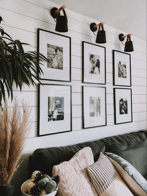 Decorating An Accent Wall, Wall Art Living Room Modern Farmhouse, Head Bed Wall Decor, Bare Wall Decor Living Room, Accent Wall With Large Pictures, Living Room Open Wall Decor, Black Wall With Photos, Picture Accent Wall Living Room, Modern Farmhouse Living Room Decor Ideas Accent Wall