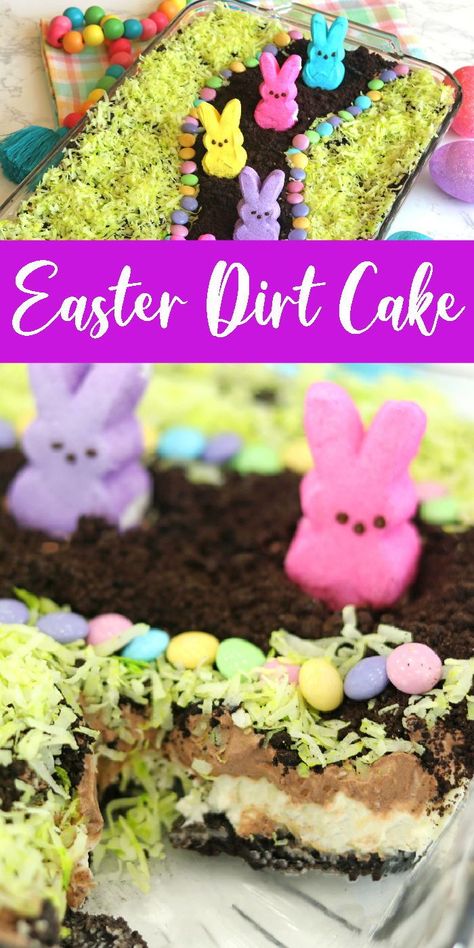 Peeps Easter Dirt Cake Recipe! Double Layer Easter Dessert Recipe! This no bake Easter cake is SO good and perfect for a crowd! #passion4savings #cake #peeps #dessert #recipe Easter Dirt Cake Recipe, Dirt Cake Recipe, Easter Desserts Cake, Easter Dirt Cake, Dirt Cake Recipes, Easter Deserts, Oreo Dirt, Cake Easter, Easter Recipe