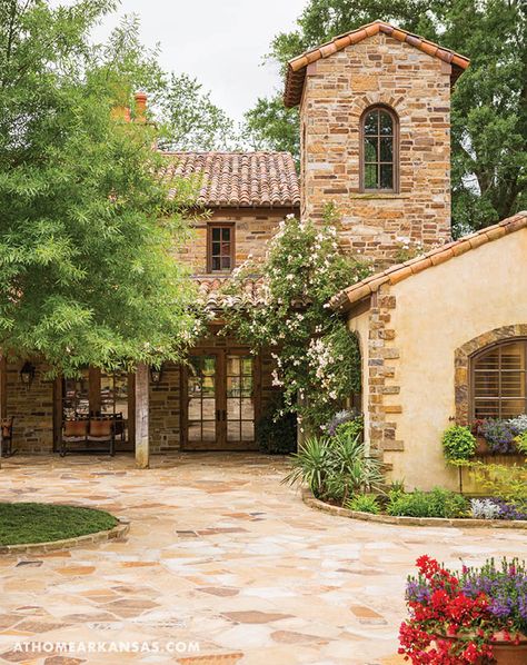 rustic luxury home in Arkansas.  stone, tile roof.  home accents, lighting, and draperies for this style at DesignNaSHVILLE.COM Rustic Farmhouse Exterior, Rustic Italian Decor, Italian Style Home, Tuscan Farmhouse, Italian Farmhouse, Farmhouse Exterior Design, Villas In Italy, Tuscan Design, Exterior Modern