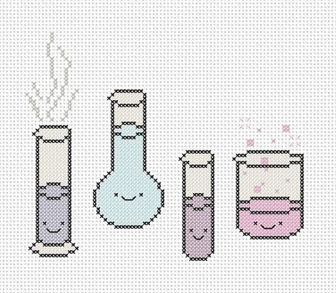 Happy Chemistry cross stitch pattern. Free ($0). Kawaii Cross Stitch Pattern, Chemistry Glassware, Beaker Glass, Kawaii Cross Stitch, Trendy Sewing Patterns, Subversive Cross Stitch, Stitch Fabric, Trendy Sewing, Cross Stitch Needles