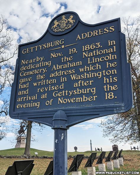 Historical marker at Gettysburg National Cemetery near the spot where President Abraham Lincoln delivered the Gettysburg Address. Abraham Lincoln Gettysburg Address, The Gettysburg Address, Mister Ed, Gettysburg Address, Water Shoot, Battle Of Gettysburg, Military Branches, Homemade Fudge, National Cemetery