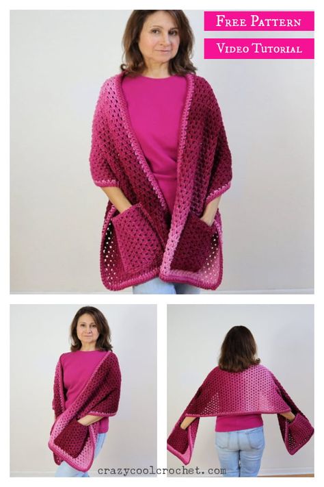 Pocket Shawl for Beginners Free Crochet Pattern and Video Tutorial Waffle Pillow, Crochet Jersey, Crochet Pocket Shawl, Fall Poncho, Summer Poncho, Poncho Au Crochet, Cool Crochet, Pocket Shawl, Crochet Pocket