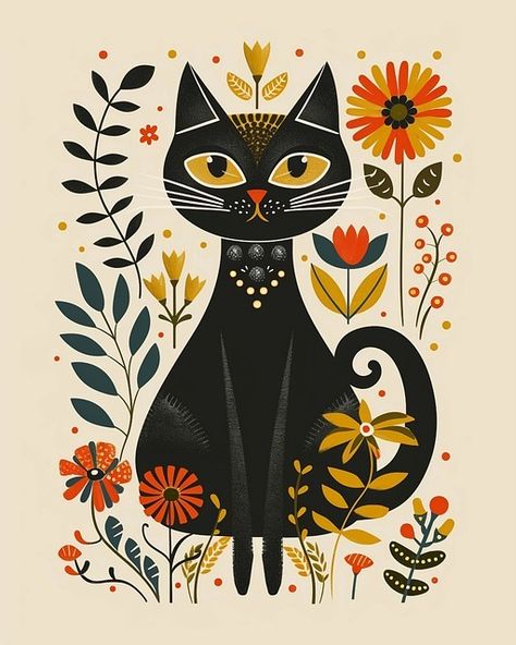 Download free HD stock image of Ai Generated Animal Folk Cat, Cats With Flowers, Month Illustration, Halloween Painting Ideas, Cat And Flowers, Nordic Folk Art, Hippy Art, Cat With Flowers, Folk Art Christmas