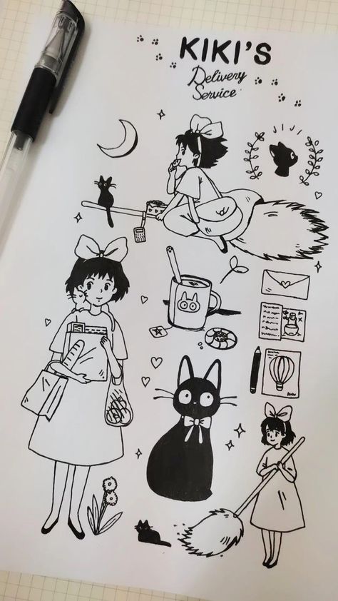 𝐊𝐢𝐤𝐢'𝐬 𝐃𝐞𝐥𝐢𝐯𝐞𝐫𝐲 𝐒𝐞𝐫𝐯𝐢𝐜𝐞 𝐝𝐫𝐚𝐰𝐢𝐧𝐠♡ Kiki's Delivery Service Drawing, Studio Ghibli Tattoo, Studio Ghibli Fanart, Ghibli Tattoo, Ghibli Artwork, Kiki's Delivery Service, Studio Ghibli Art, Cute Doodles Drawings, Art Diary